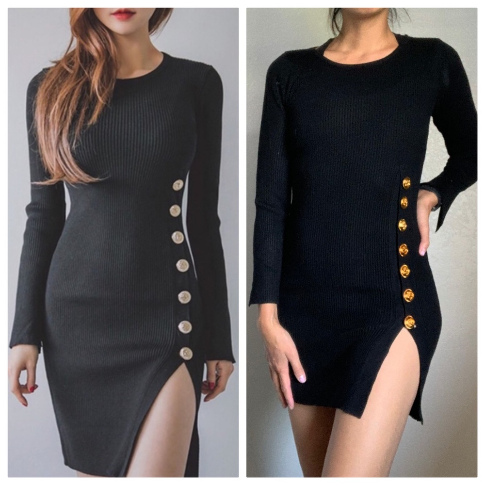 High Slit Sweater Button Sweater Dress